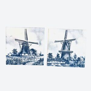 2 Vintage Delft Style Ceramic Wall Tiles With Dutch Windmill Signed by Hunnik